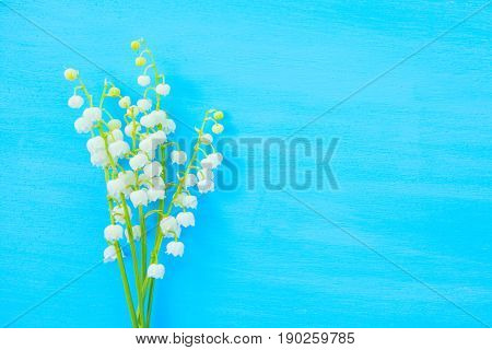 Spring White Lilies Of The Valley On A Blue Wooden Background