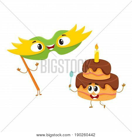 Smiling birthday party characters - mask and two layered cake with candle, cartoon vector illustration isolated on white background. Funny chocolate birthday cake and fance mask characters, mascots