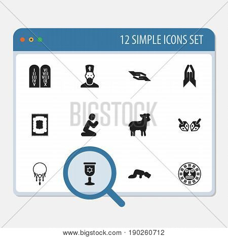Set Of 12 Editable Faith Icons. Includes Symbols Such As Chaplain, Ancient Stone Text, Muslim Carpet And More. Can Be Used For Web, Mobile, UI And Infographic Design.