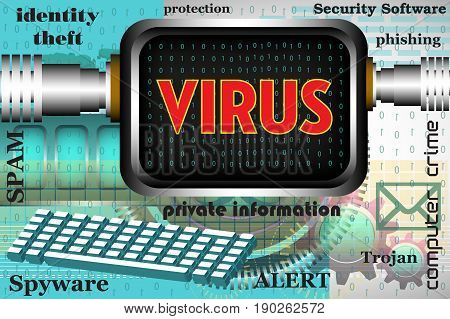 Colorful background with computer keyboard, computer screen and the word virus written on the computer`s screen. Computer virus theme