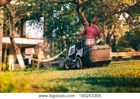Male Worker Using Professional Lawn Mower For Trimming Backyard Grass. Lansdscaping Works In Progres