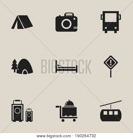 Set Of 9 Editable Trip Icons. Includes Symbols Such As Tabernacle, Caution, Tent And More. Can Be Used For Web, Mobile, UI And Infographic Design.