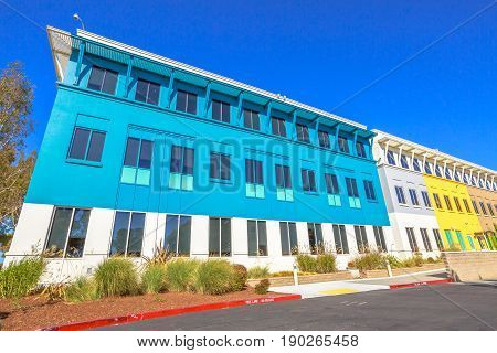 Mountain View, CA, United States - August 15, 2016: colorful facade of big Facebook headquarters building. Facebook is the world leader social network company.
