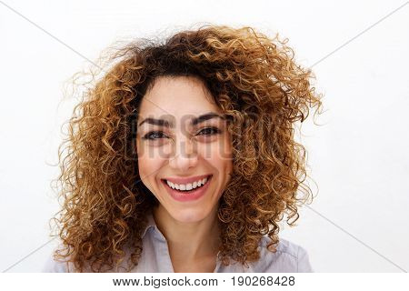 Close Up Young Woman With Curly Hair Smiling Abasing White Background
