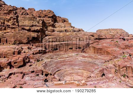 Aerial view of the theatre cut into the hillside in the ancient Petra Jordan