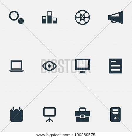 Vector Illustration Set Of Simple UI Icons. Elements Bullhorn, Display, Colums Graph And Other Synonyms Graph, Sheet And Device.