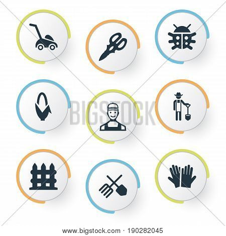 Vector Illustration Set Of Simple Garden Icons. Elements Beetle, Horticultural Gauntlet, Grass Cutting Machine And Other Synonyms Mower, Plougher And Gardening.