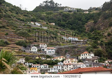 Fields and houses along west coast near Porto Moniz on Madeira Island. Portugal