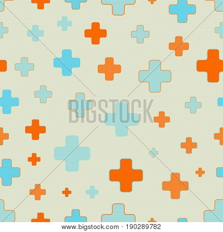 Vector seamless pattern of plus signs. Scattered and randomly sized colorful shapes. Solid fill of orange and blue color.