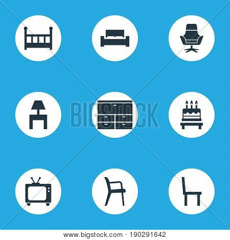 Vector Illustration Set Of Simple Furniture Icons. Elements Bedside Socle, Locker, Crib And Other Synonyms Television, Birthday And Tv.