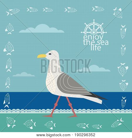 Nautical poster concept. Seagull on sandy beach. Freehand fancy cartoon style. Seaside retro vintage seashore vacation banner. Enjoy sea life emblem. Cute fishes frame. Vector background element