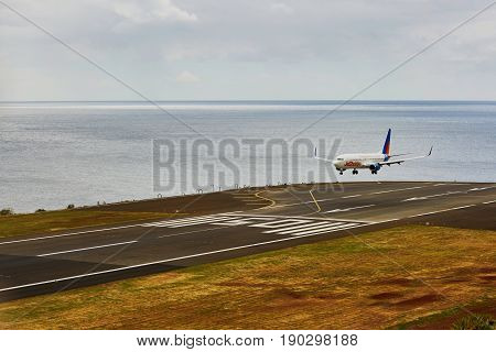 Funchal - March 24: View Of Runway With Landing Plane In Cristiano Ronaldo International Airport On