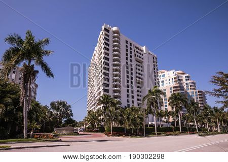 Park Shore Naples. Florida. Luxury coastline with hotels and palm trees in Naples. USA