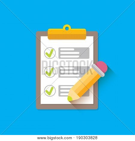vector Clipboard icon with green checkmarks and otange pencil on blue background. Checklist vector flat style symbol