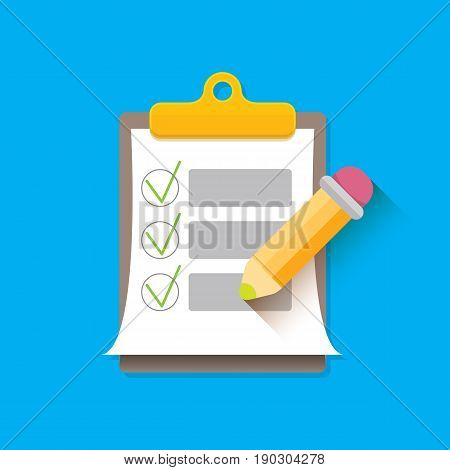 vector Clipboard icon with green checkmarks and otange pencil on blue background. Checklist vector flat style symbol