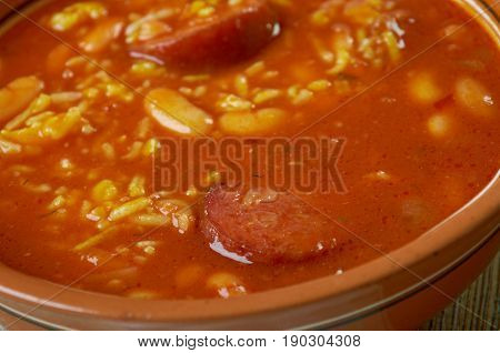 Chorizo Rice and Bean Soup.Spanish cuisine. close up