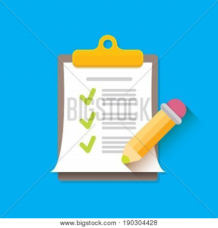 vector Clipboard icon with green checkmarks and otange pencil on blue background. Checklist vector flat style symbol