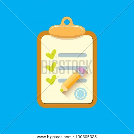 vector Clipboard icon with green checkmarks and otange pencil on blue background. Checklist vector flat style symbol