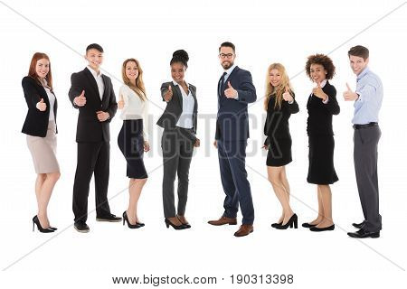 Group Of Multiracial Businesspeople Gesturing Thumbs Up On White Background