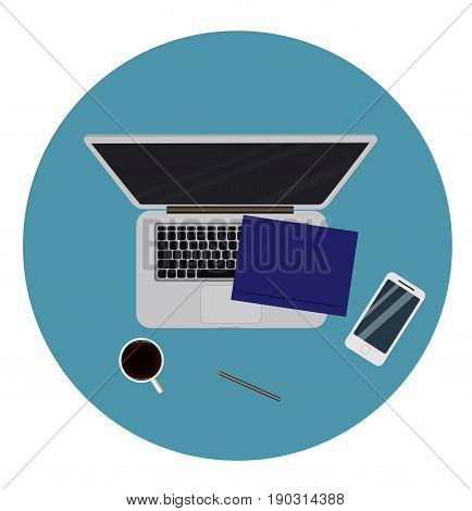 Laptop and office supplies laying on the board. Vector flat icon with notebook, pc, pen, smartphone and a cup of hot coffee