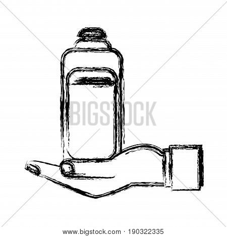 human hand holding bottle shampoo care pet vector illustration