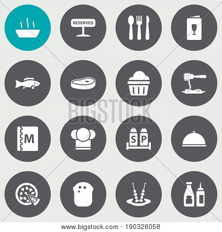 Set Of 16 Cafe Icons Set.Collection Of Book, Silverware, Catsup And Other Elements.