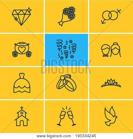 Vector Illustration Of 12 Wedding Icons. Editable Pack Of Pigeon, Wineglass, Couple And Other Elements.