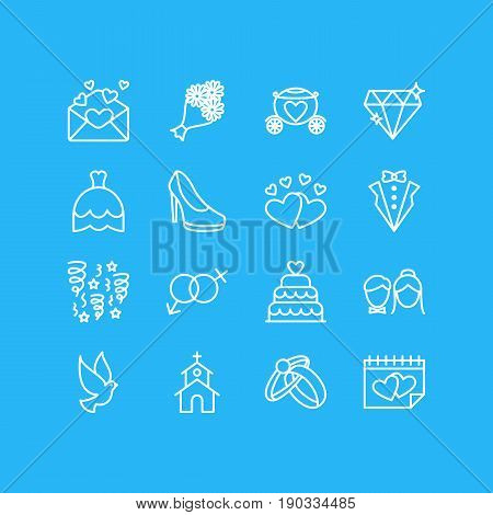 Vector Illustration Of 16 Engagement Icons. Editable Pack Of Couple, Card, Bridal Bouquet And Other Elements.