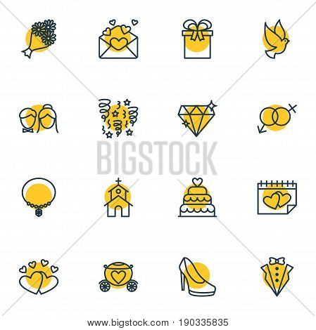 Vector Illustration Of 16 Wedding Icons. Editable Pack Of Jewelry, Pigeon, Building And Other Elements.