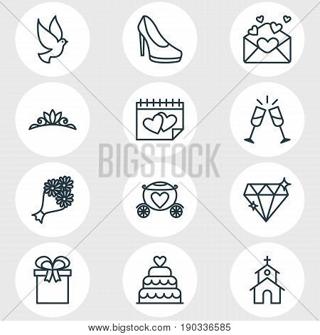 Vector Illustration Of 12 Engagement Icons. Editable Pack Of Patisserie, Accessories, Wineglass And Other Elements.