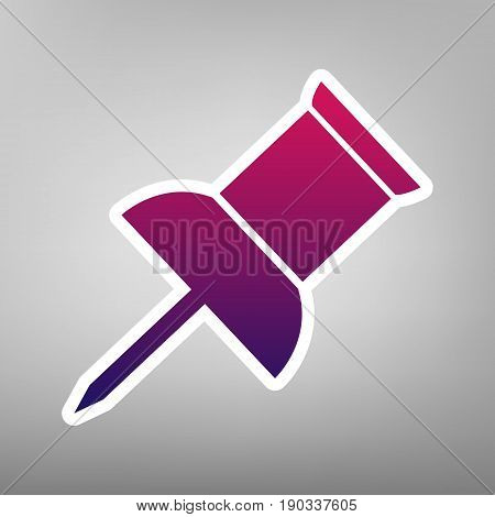 Pin push sign. Vector. Purple gradient icon on white paper at gray background.