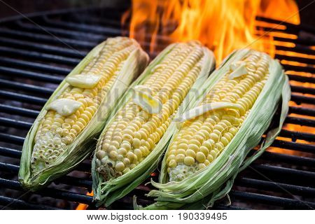 Fresh Corncob With Butter And Salt On Grill