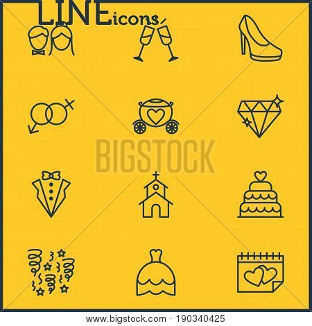 Vector Illustration Of 12 Engagement Icons. Editable Pack Of Wedding Gown, Sexuality Symbol, Chariot And Other Elements.