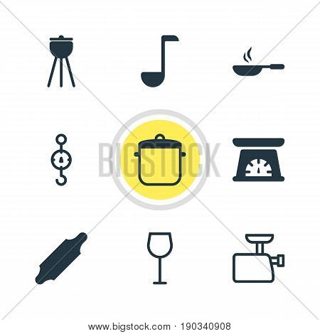 Vector Illustration Of 9 Cooking Icons. Editable Pack Of Soup Spoon, Steelyard, Wine And Other Elements.