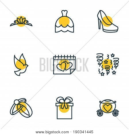 Vector Illustration Of 9 Engagement Icons. Editable Pack Of Present, Calendar, Sandal Elements.