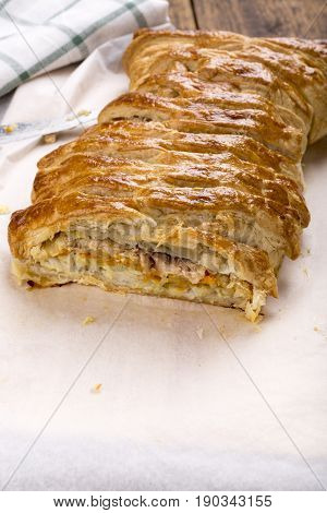 Fish pie. Two types of fish (salmon and cod) in puff pastry.