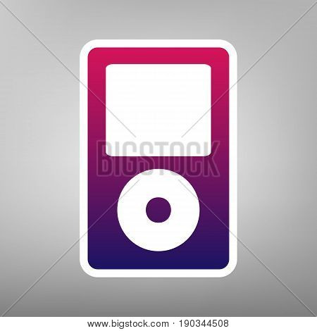 Portable music device. Vector. Purple gradient icon on white paper at gray background.