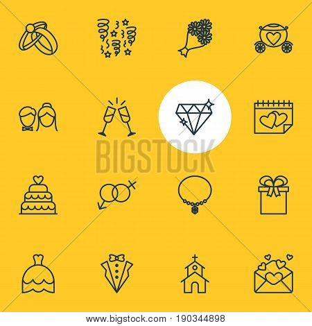 Vector Illustration Of 16 Marriage Icons. Editable Pack Of Present, Calendar, Wedding Gown And Other Elements.