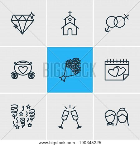 Vector Illustration Of 9 Wedding Icons. Editable Pack Of Building, Bridal Bouquet, Chariot And Other Elements.