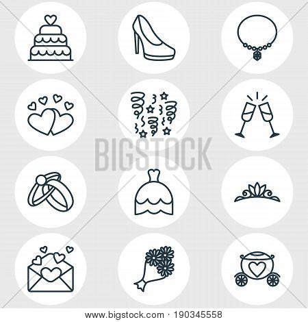 Vector Illustration Of 12 Wedding Icons. Editable Pack Of Wedding Gown, Card, Patisserie And Other Elements.