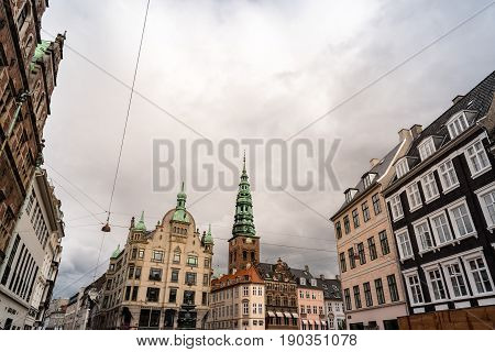 Copenhagen Denmark - August 10 2016. Stroget Street. Commercial street in historical city centre of Copenhagen a cloudy day of summer