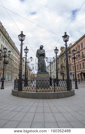 SAINT-PETERSBURG, RUSSIA - MAY 06, 2017:Monument to N.V. Gogol in St. Petersburg on Malaya Konyushennaya Street