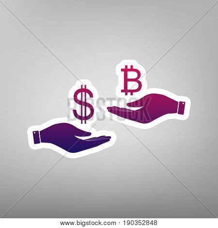 Currency exchange from hand to hand. Dollar and Bitcoin. Vector. Purple gradient icon on white paper at gray background.