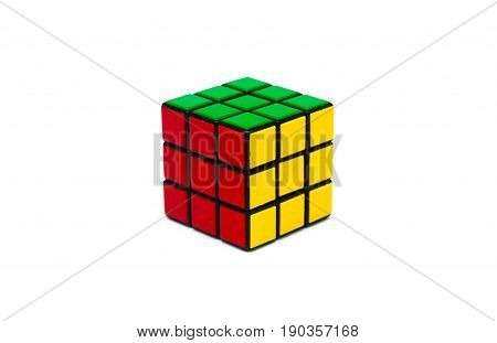 Estonia, Tallinn, May 30, 2017. Rubik's cube on white background