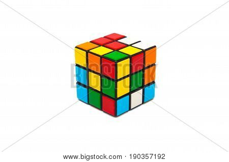 Estonia, Tallinn, May 30, 2017. Rubik's cube on white background