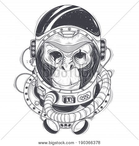 Vector hand drawn illustration of a monkey astronaut, chimpanzee in a space suit in the style of engraving. Print for T-shirts, template, sketch tattoo, design element
