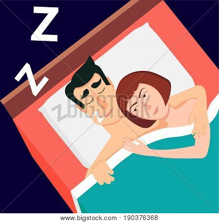 Vector illustration in modern flat style. Snoring man couple sleeping hugging each other.