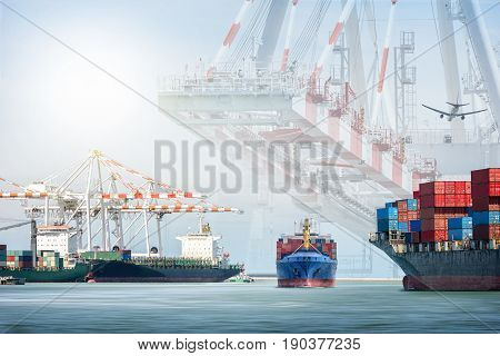 Container cargo ship and cargo plane with port crane bridge in harbor Freight Transportation Shipping