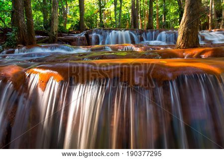 Beautiful Waterfall In Deep Forest, Pa Wai Waterfall In Tropical Rain Forest, Khirirat, Phop Phra, T
