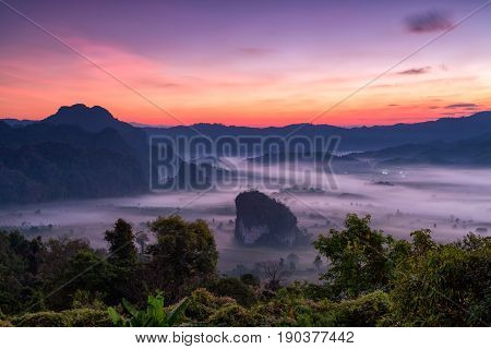 Phulangka Mountain With Myst And Sunrise In Phu Langka National Park, Payao Province, Thailand